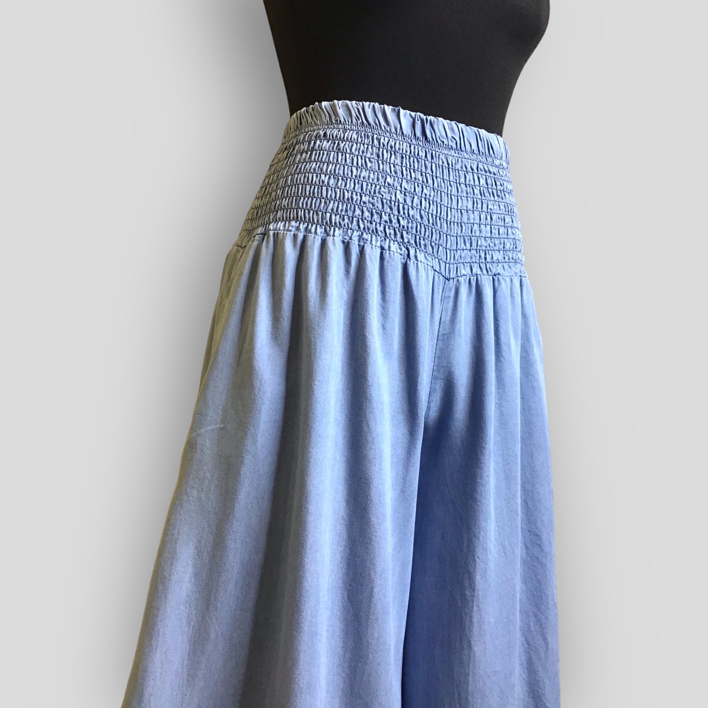 Palazzo Denim High Smocked Waisted Trousers (Chesney)