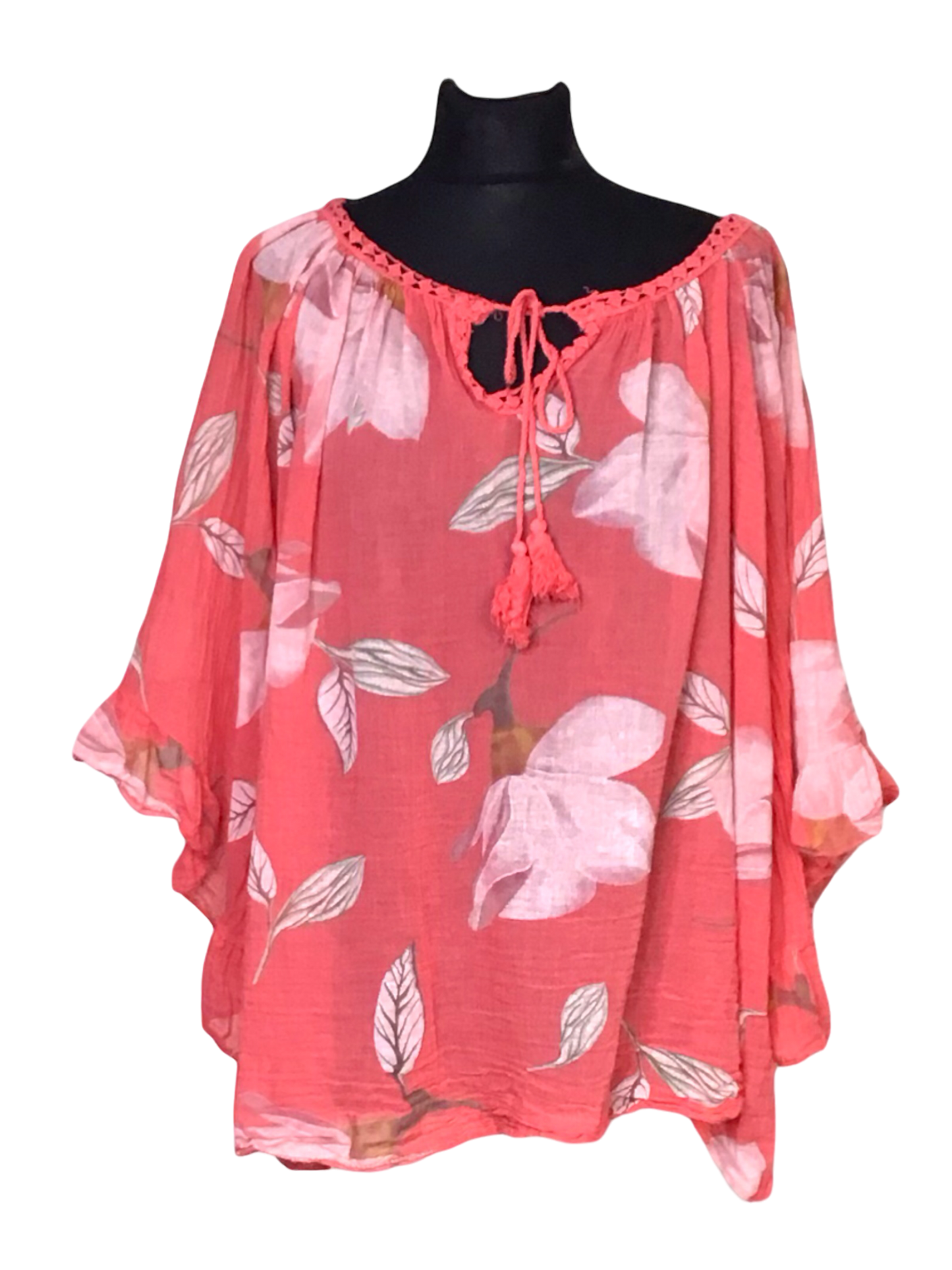 FLORENCE. Sheer Floral Top with Angel Wing Sleeves