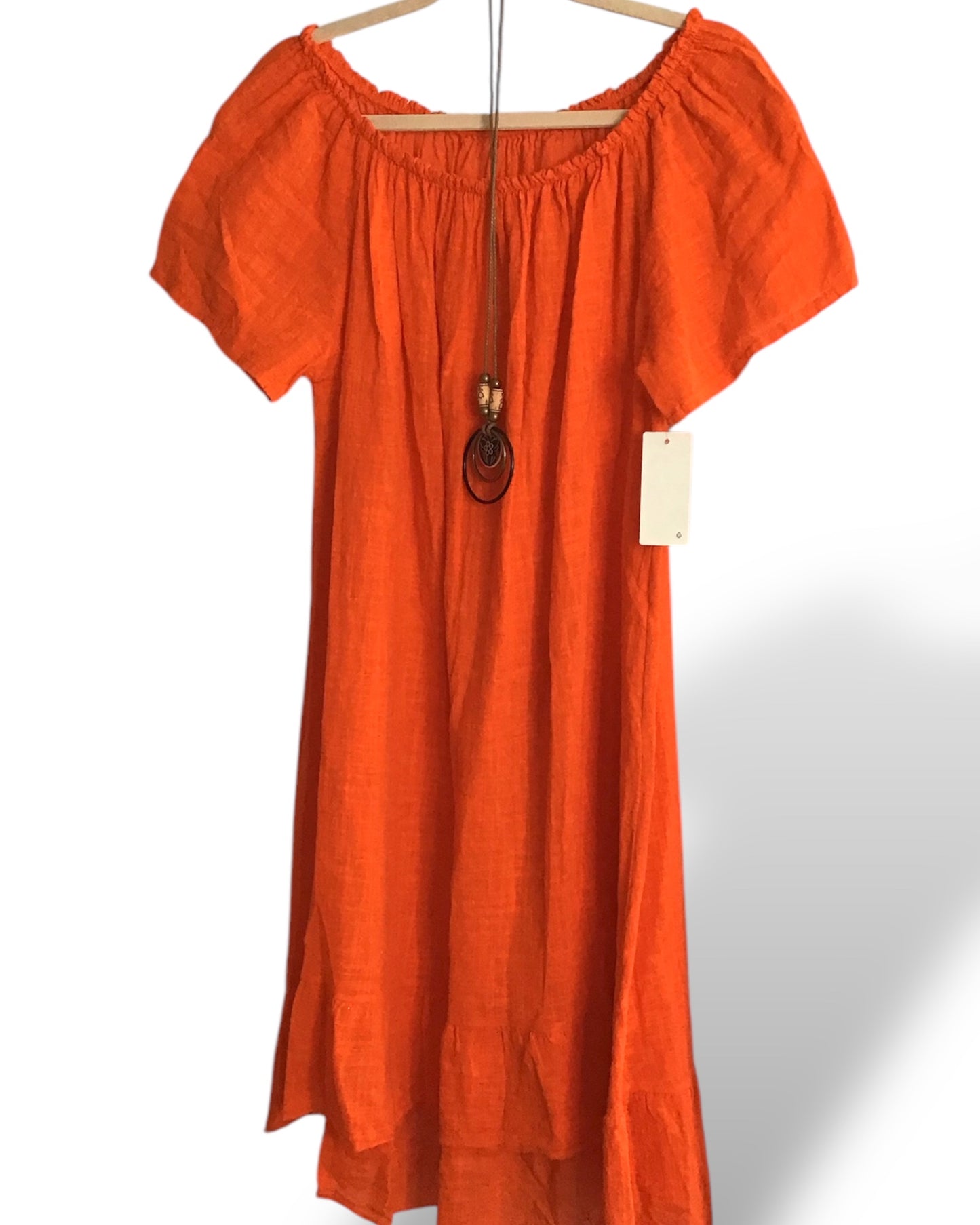 EMERSON. Linen Style on/off Shoulder Dress with Necklace