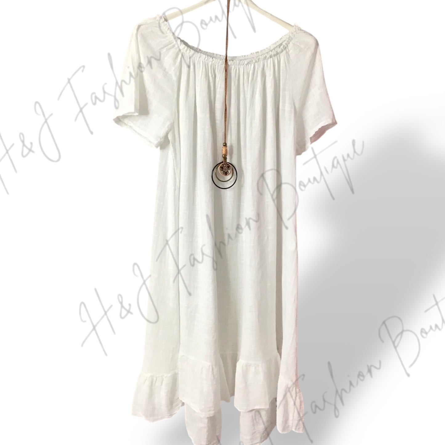 EMERSON. Linen Style on/off Shoulder Dress with Necklace