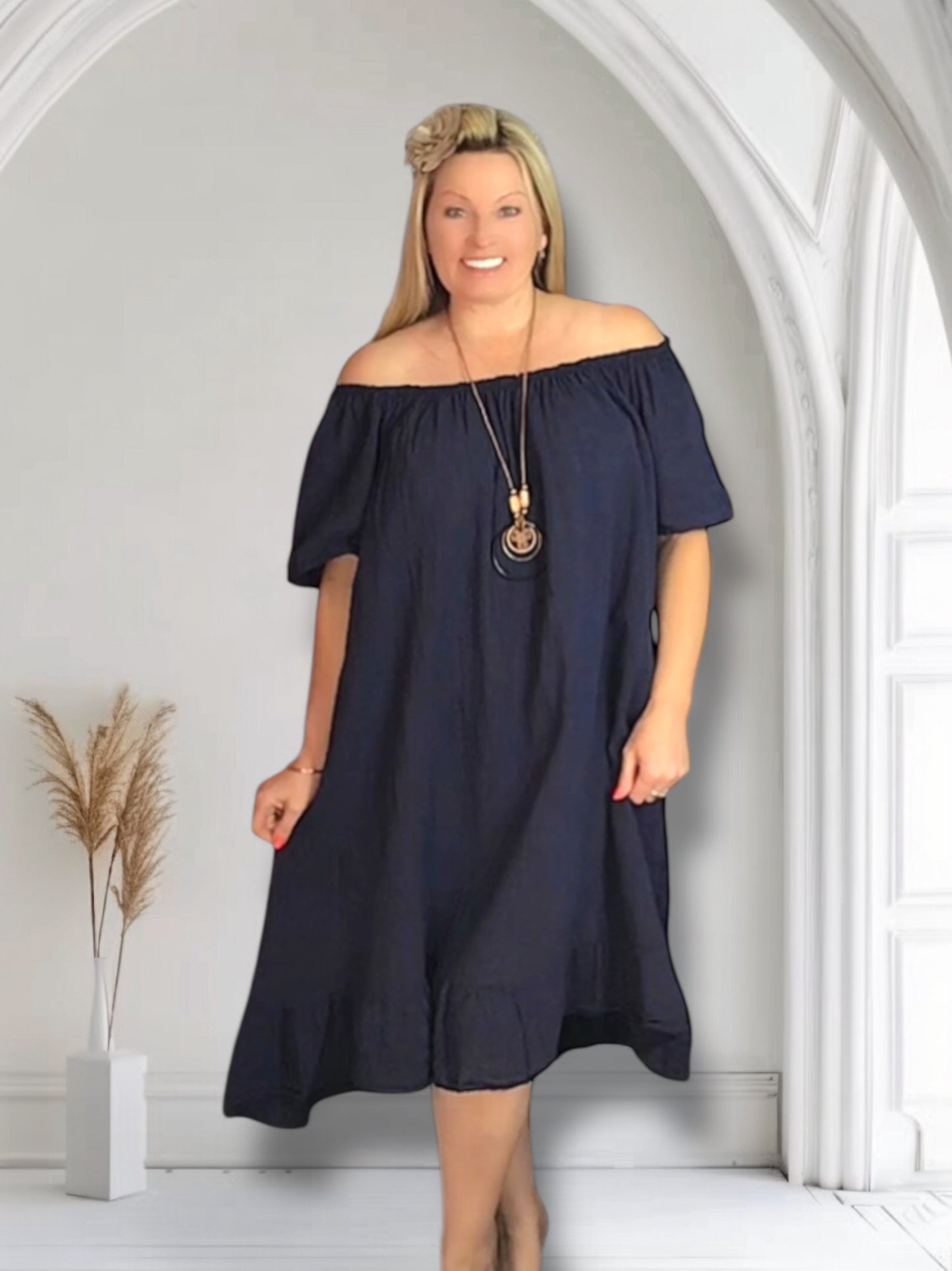 EMERSON. Linen Style on/off Shoulder Dress with Necklace