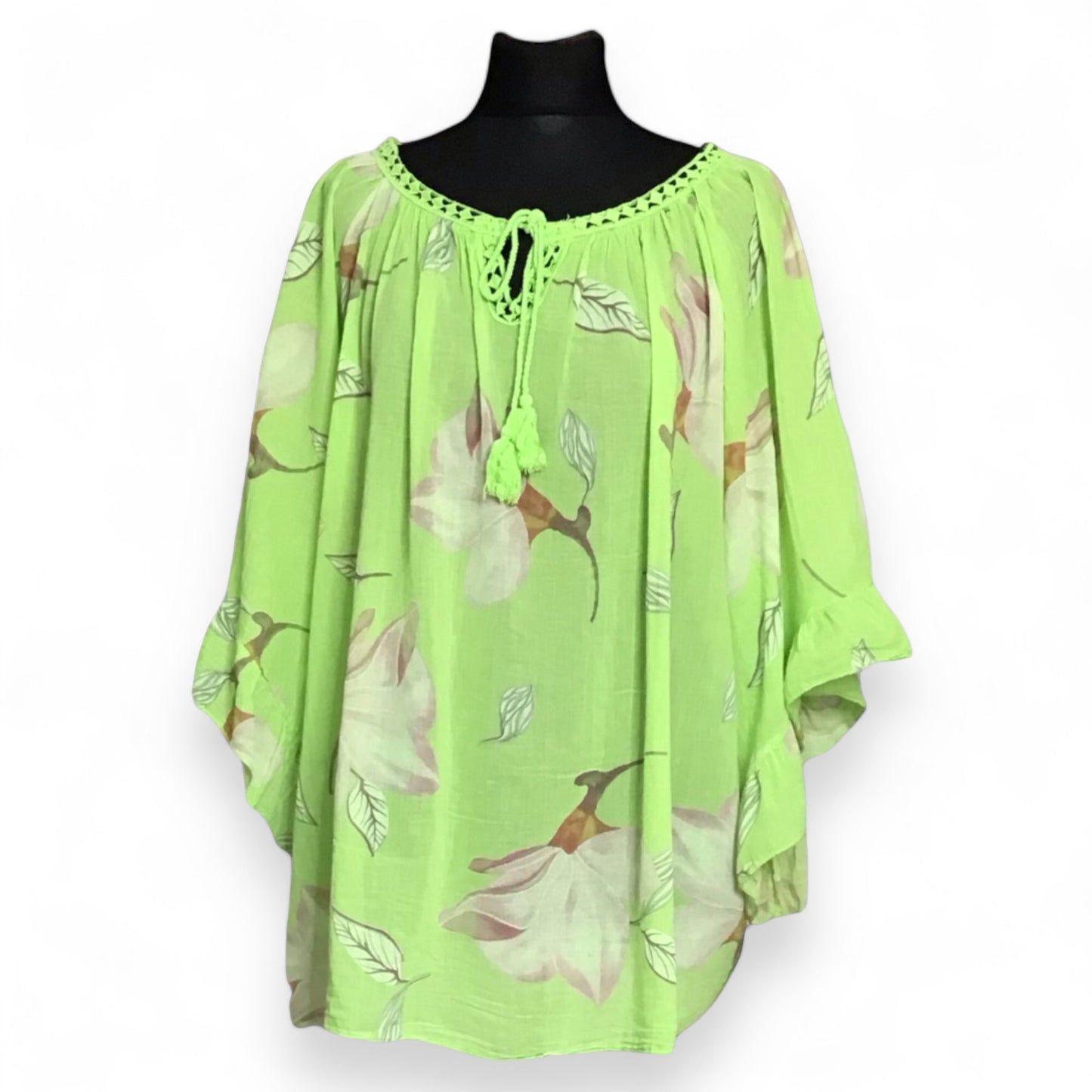 FLORENCE. Sheer Floral Top with Angel Wing Sleeves