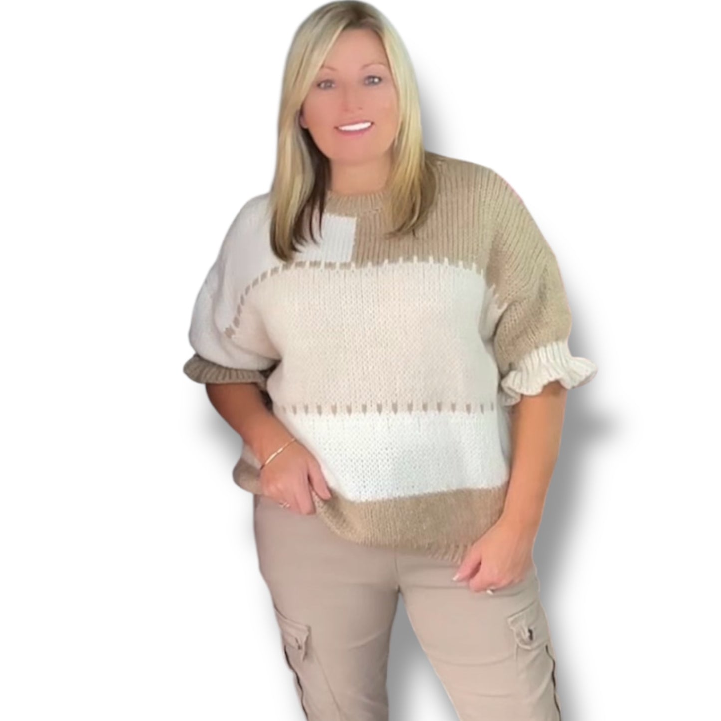 Patchwork Pattern Short Sleeve Knitted Sweater (Evelyn)