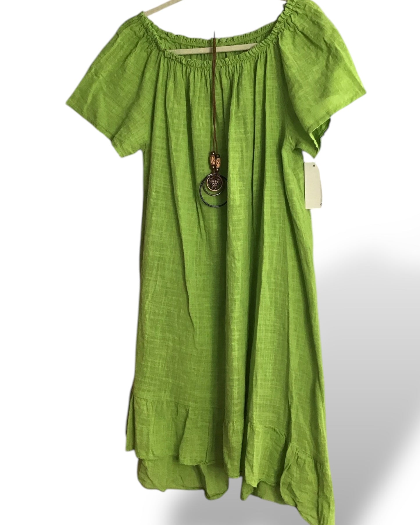 EMERSON. Linen Style on/off Shoulder Dress with Necklace