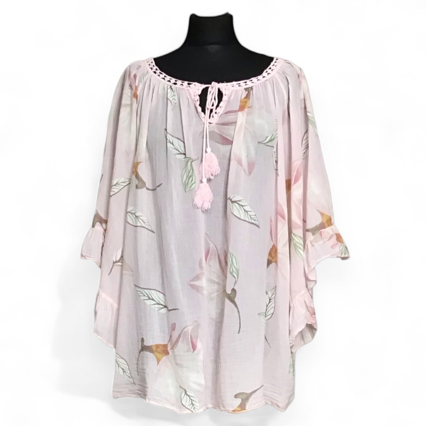 FLORENCE. Sheer Floral Top with Angel Wing Sleeves