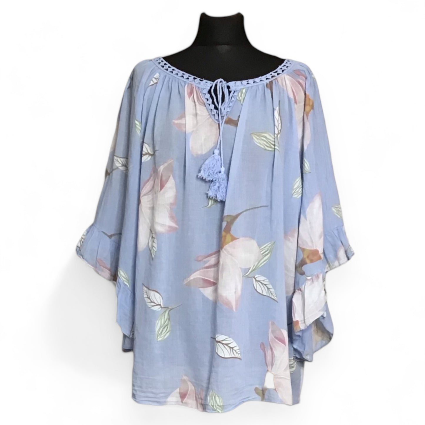 FLORENCE. Sheer Floral Top with Angel Wing Sleeves