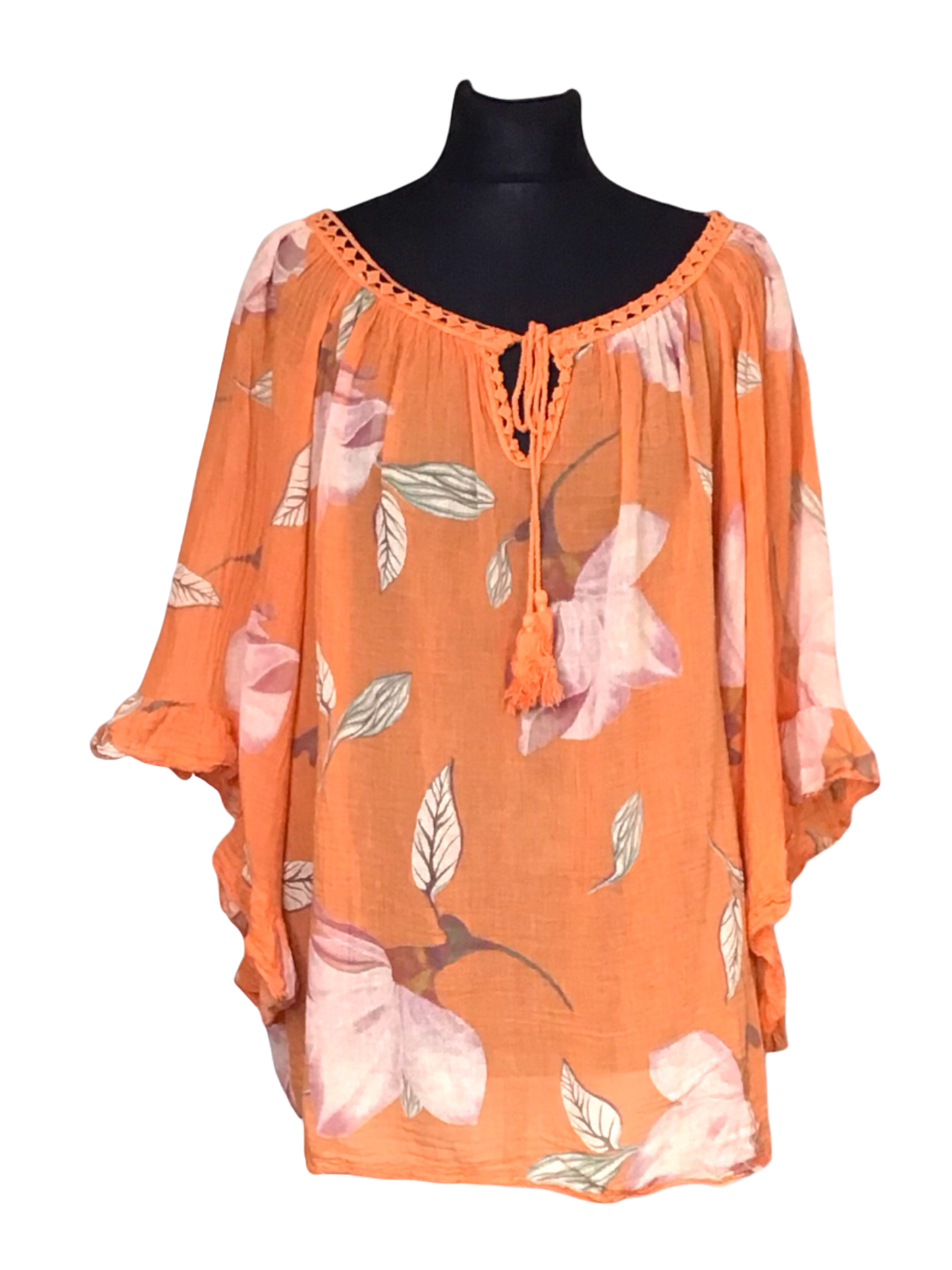 FLORENCE. Sheer Floral Top with Angel Wing Sleeves