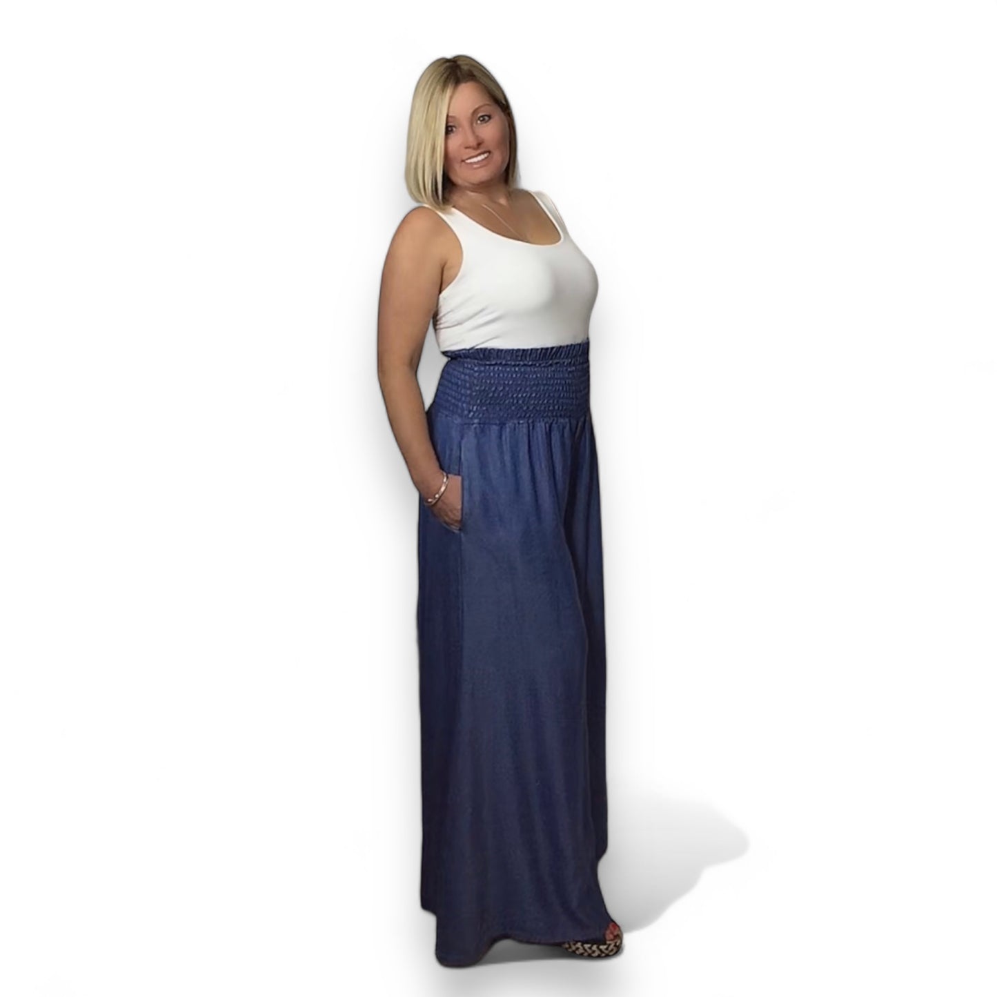 Palazzo Denim High Smocked Waisted Trousers (Chesney)