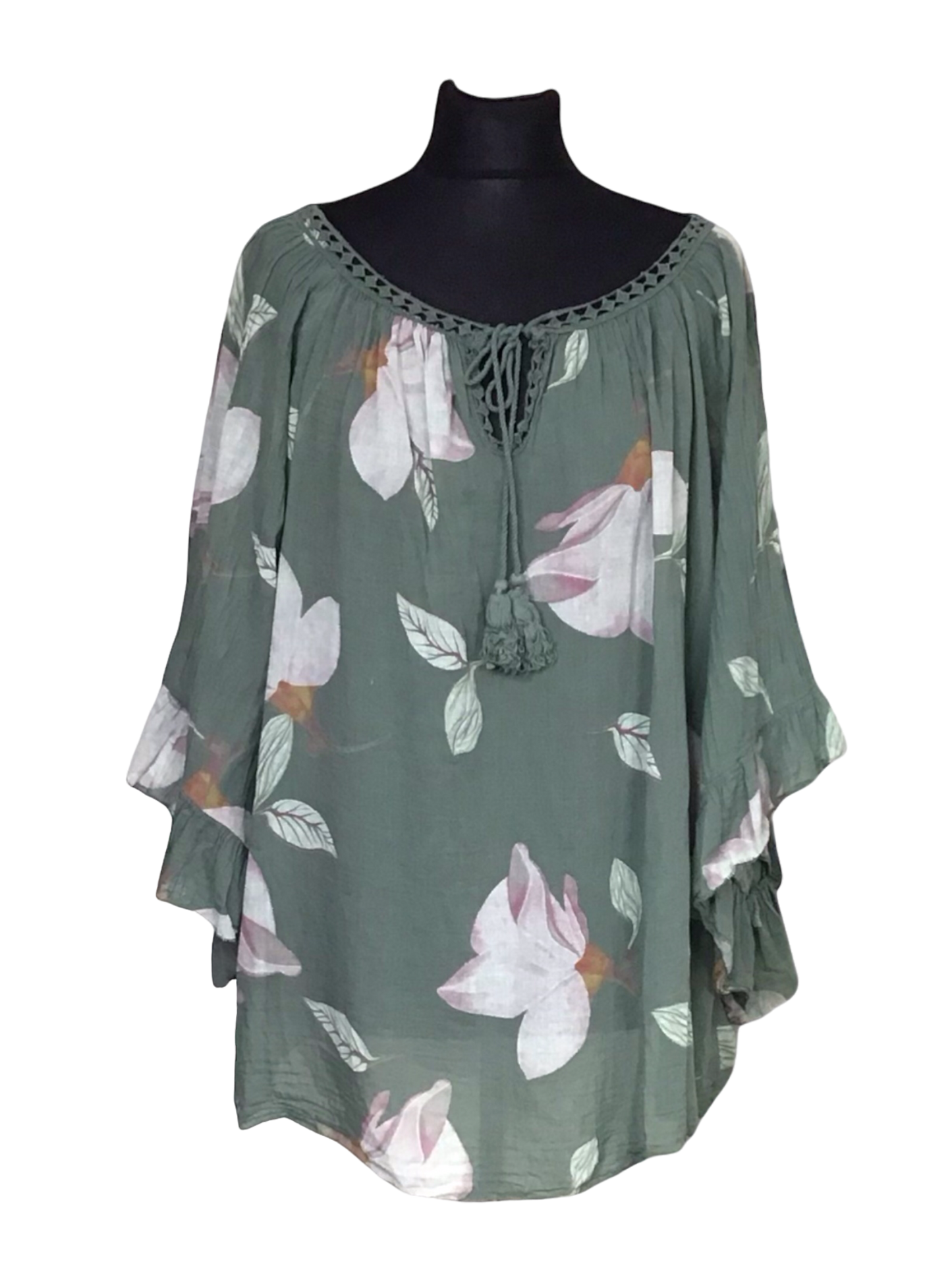 FLORENCE. Sheer Floral Top with Angel Wing Sleeves