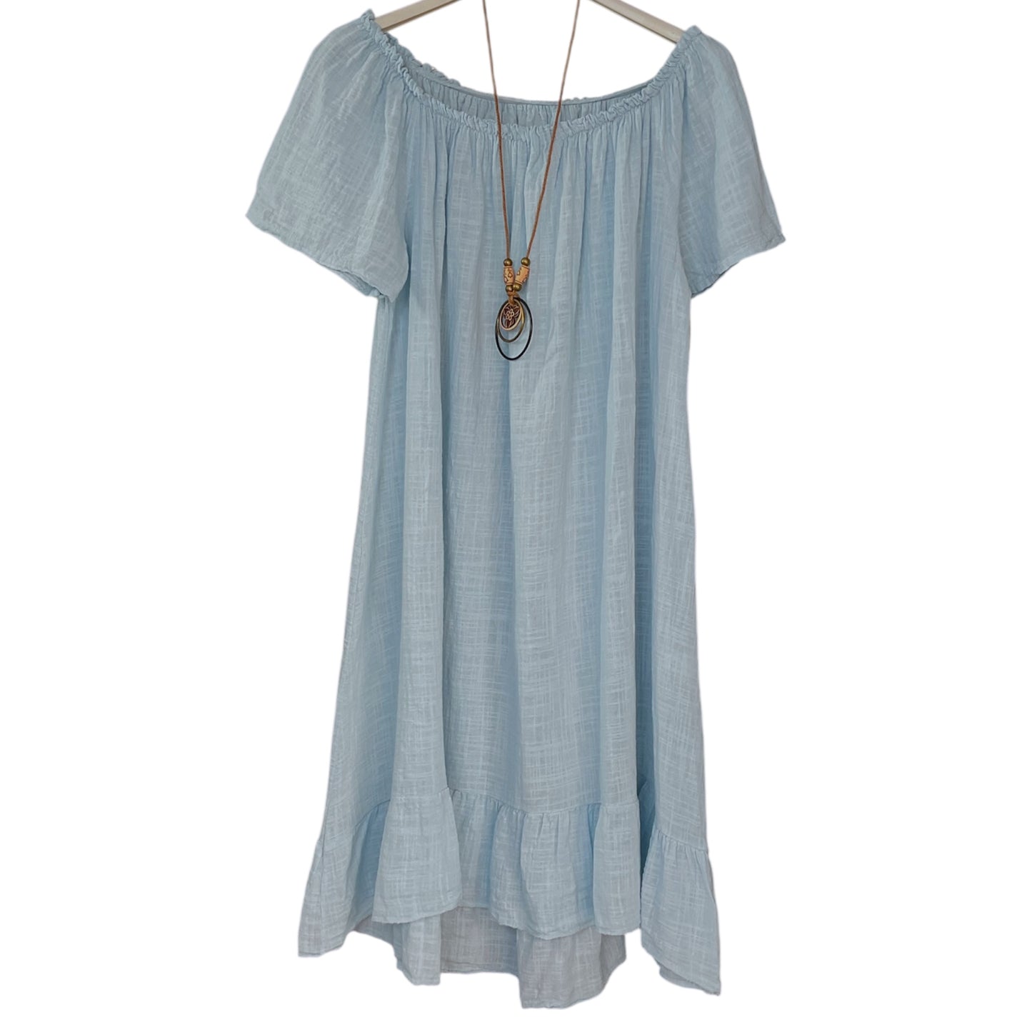 EMERSON. Linen Style on/off Shoulder Dress with Necklace