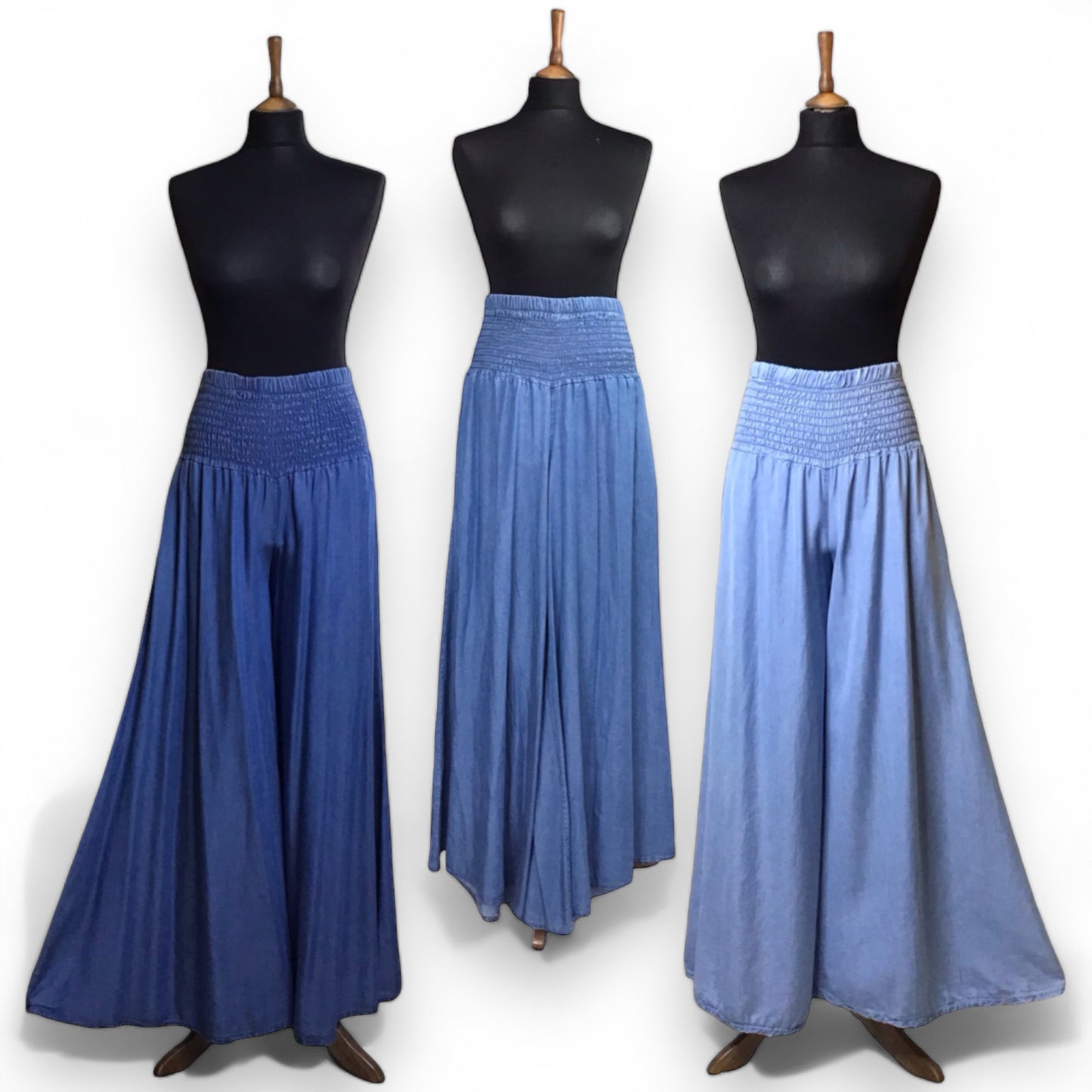 Palazzo Denim High Smocked Waisted Trousers (Chesney)