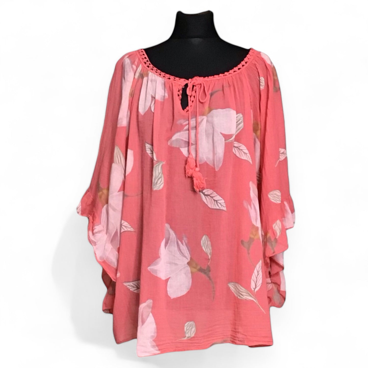 FLORENCE. Sheer Floral Top with Angel Wing Sleeves