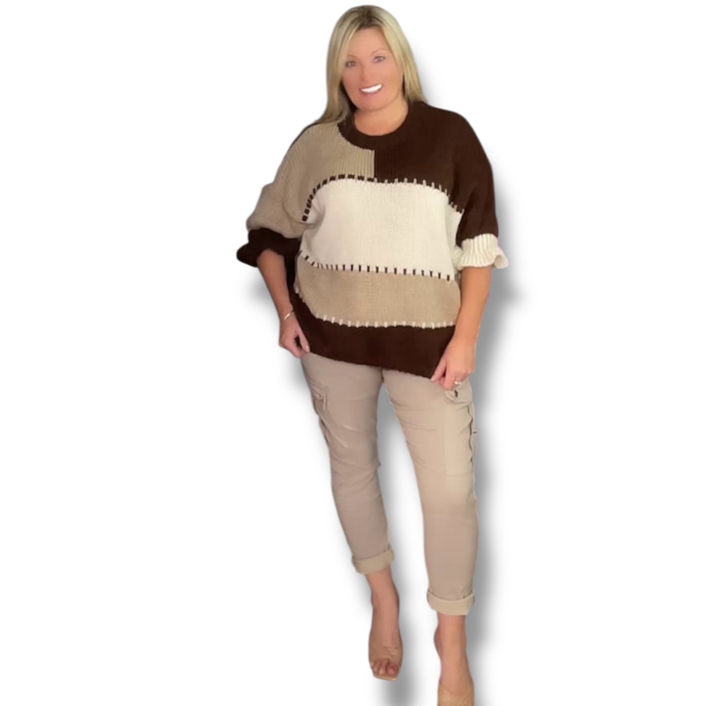 Patchwork Pattern Short Sleeve Knitted Sweater (Evelyn)