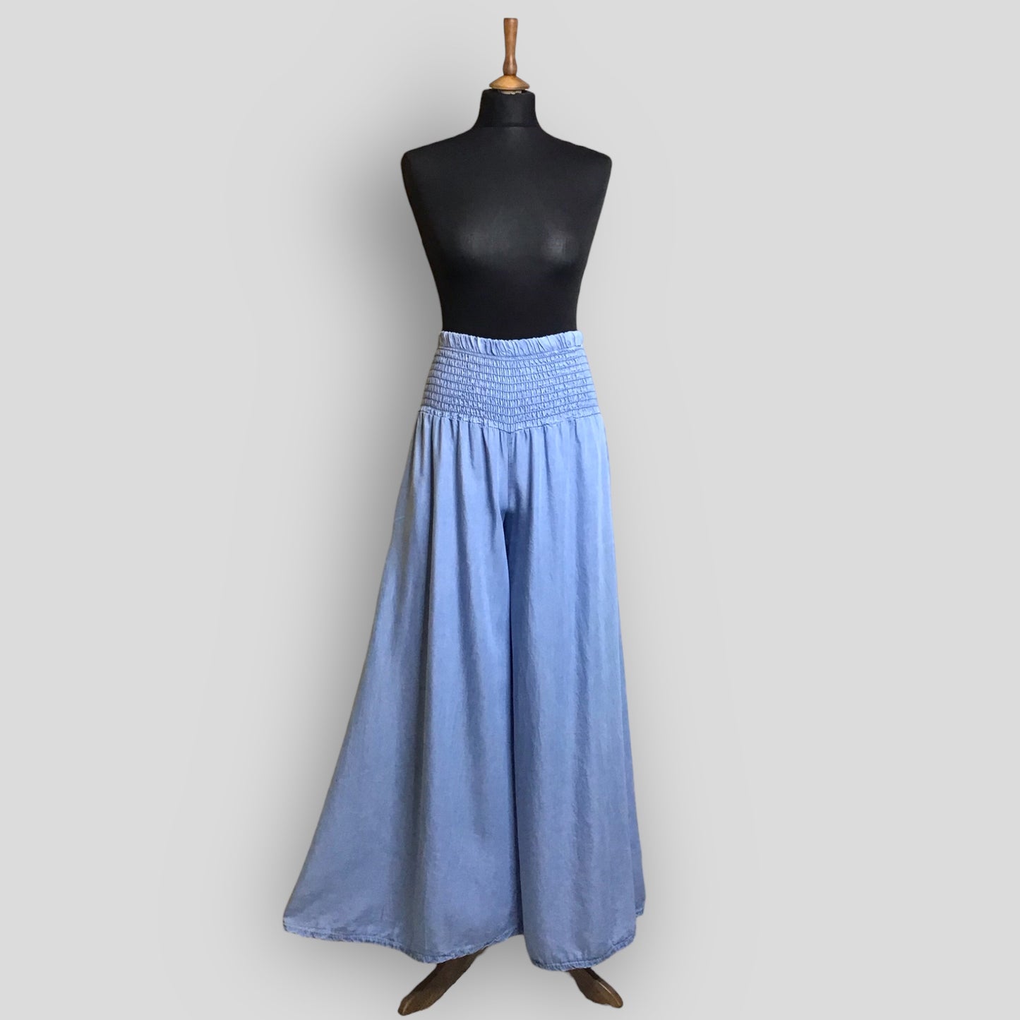 Palazzo Denim High Smocked Waisted Trousers (Chesney)