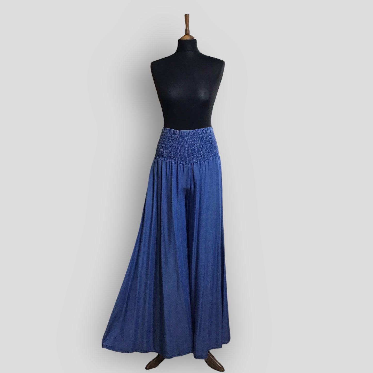 Palazzo Denim High Smocked Waisted Trousers (Chesney)