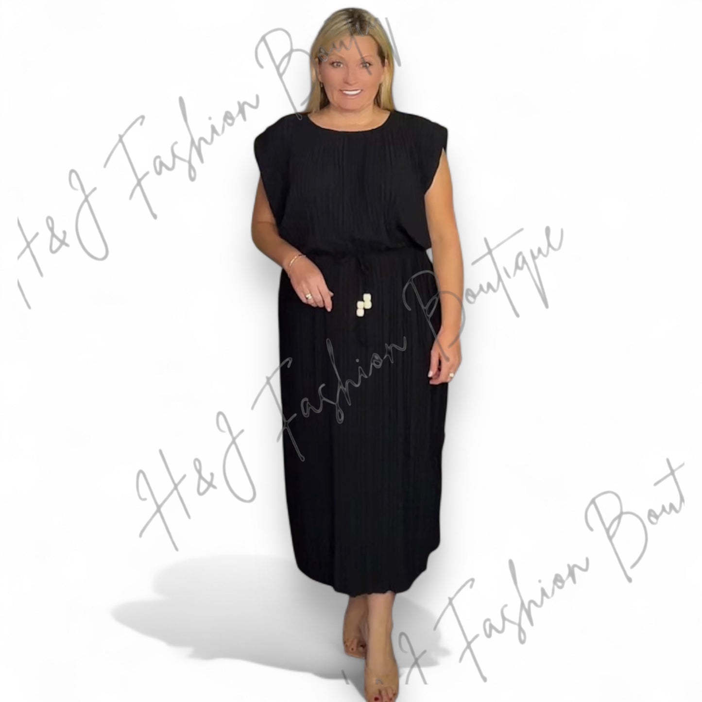 Sally. Pleated Midi Dress with Tie Belt