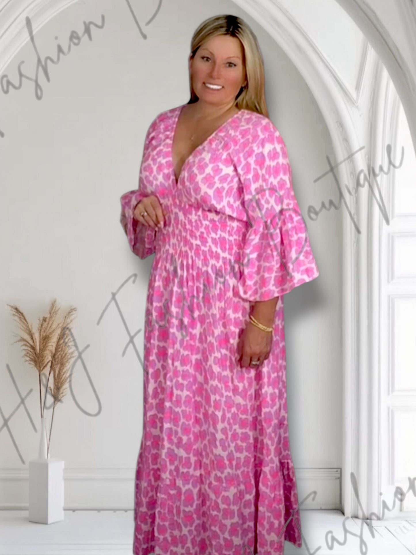 Beckie. Cheesecloth Animal Print Smocked MIDI Dress