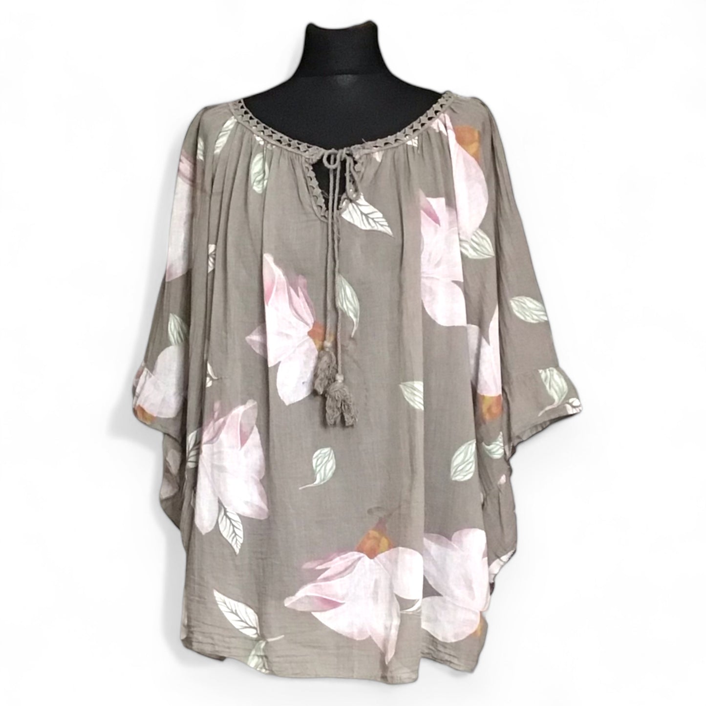 FLORENCE. Sheer Floral Top with Angel Wing Sleeves