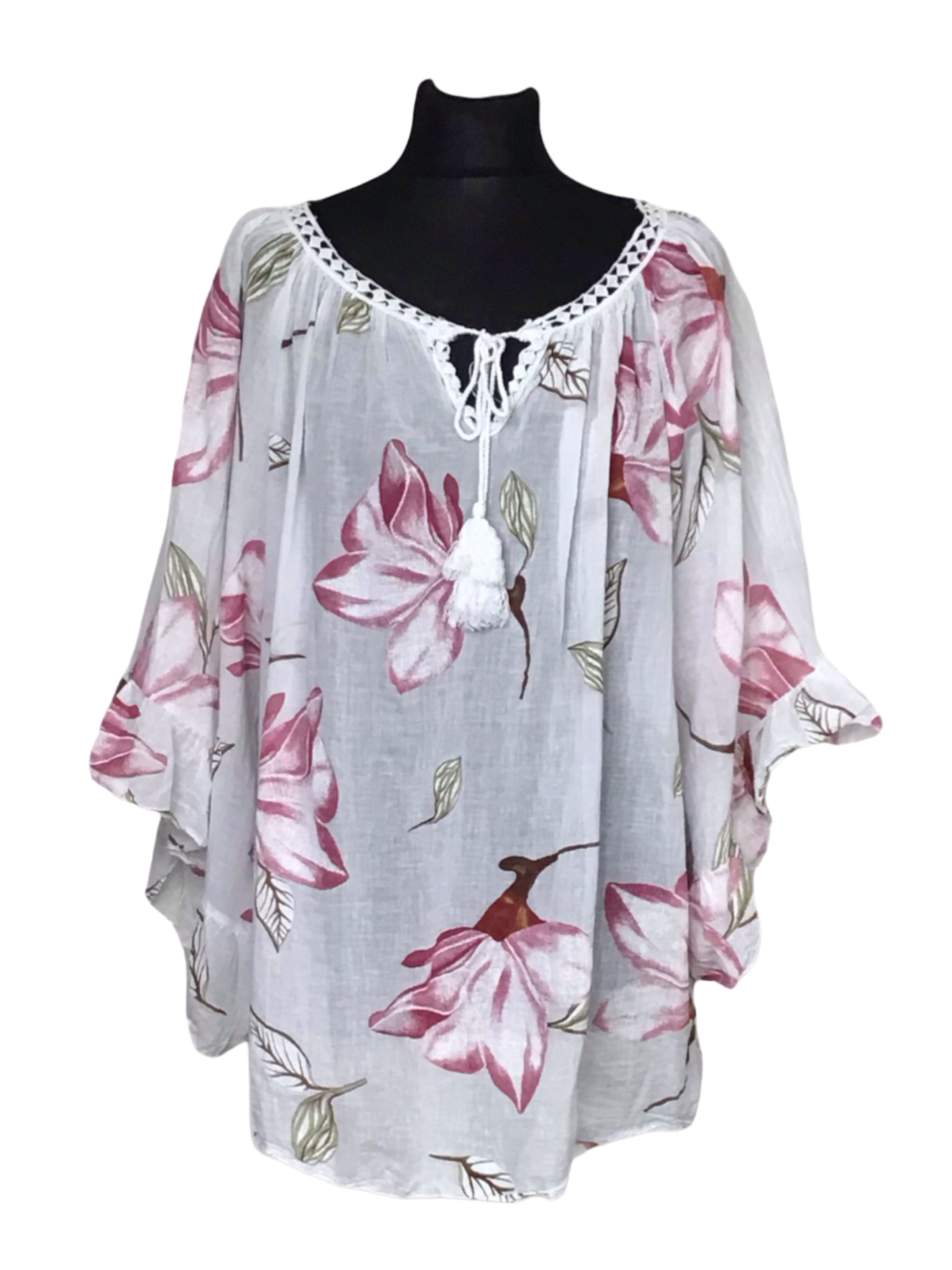 FLORENCE. Sheer Floral Top with Angel Wing Sleeves