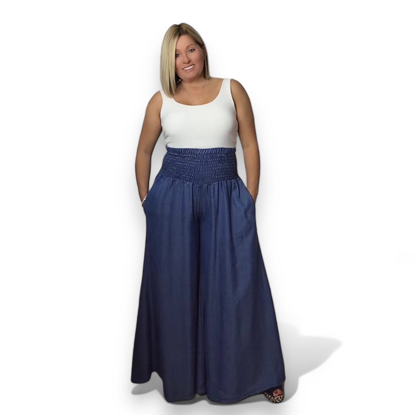 Palazzo Denim High Smocked Waisted Trousers (Chesney)