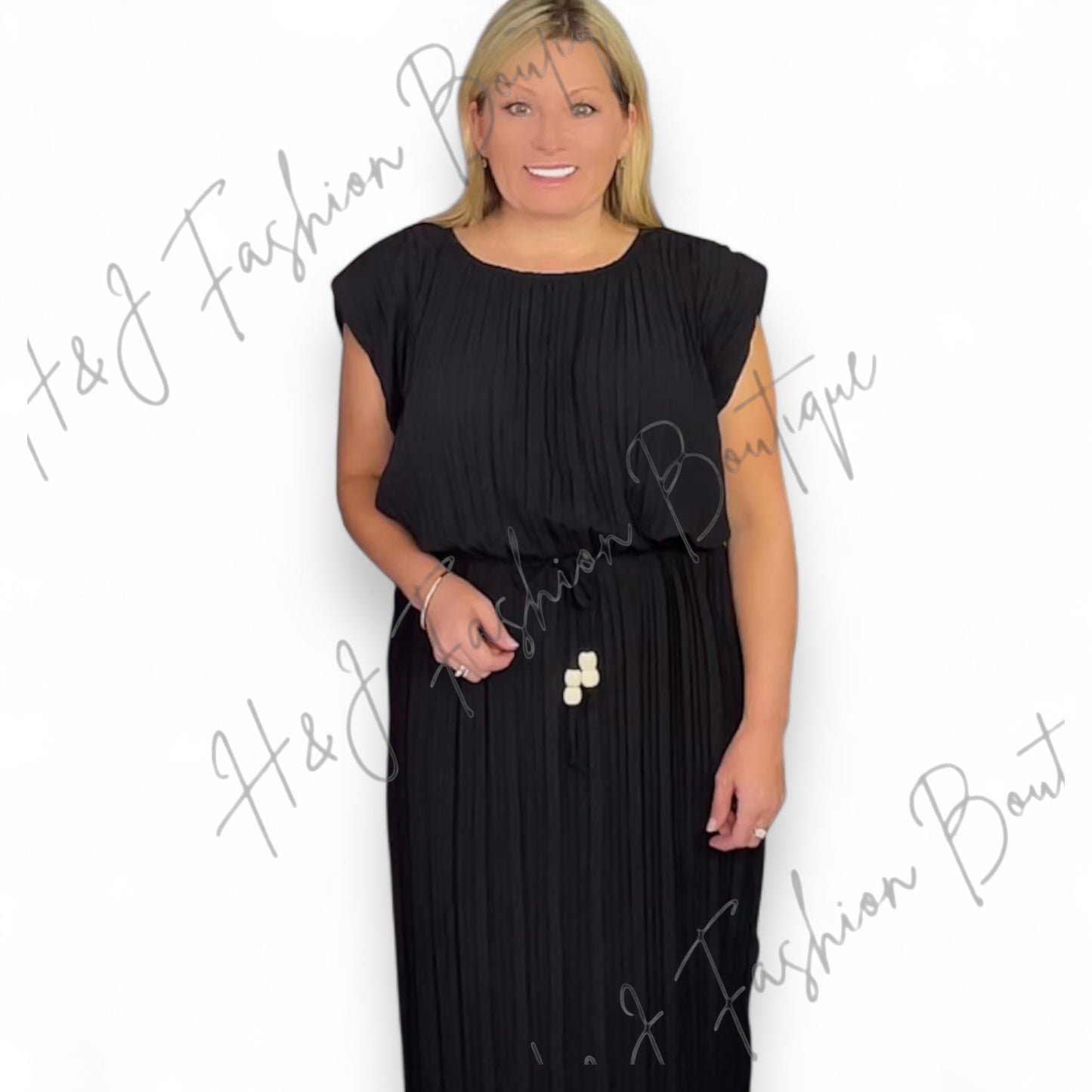 Sally. Pleated Midi Dress with Tie Belt