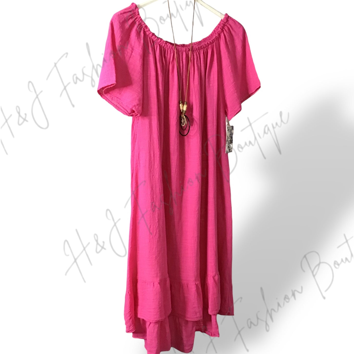 EMERSON. Linen Style on/off Shoulder Dress with Necklace