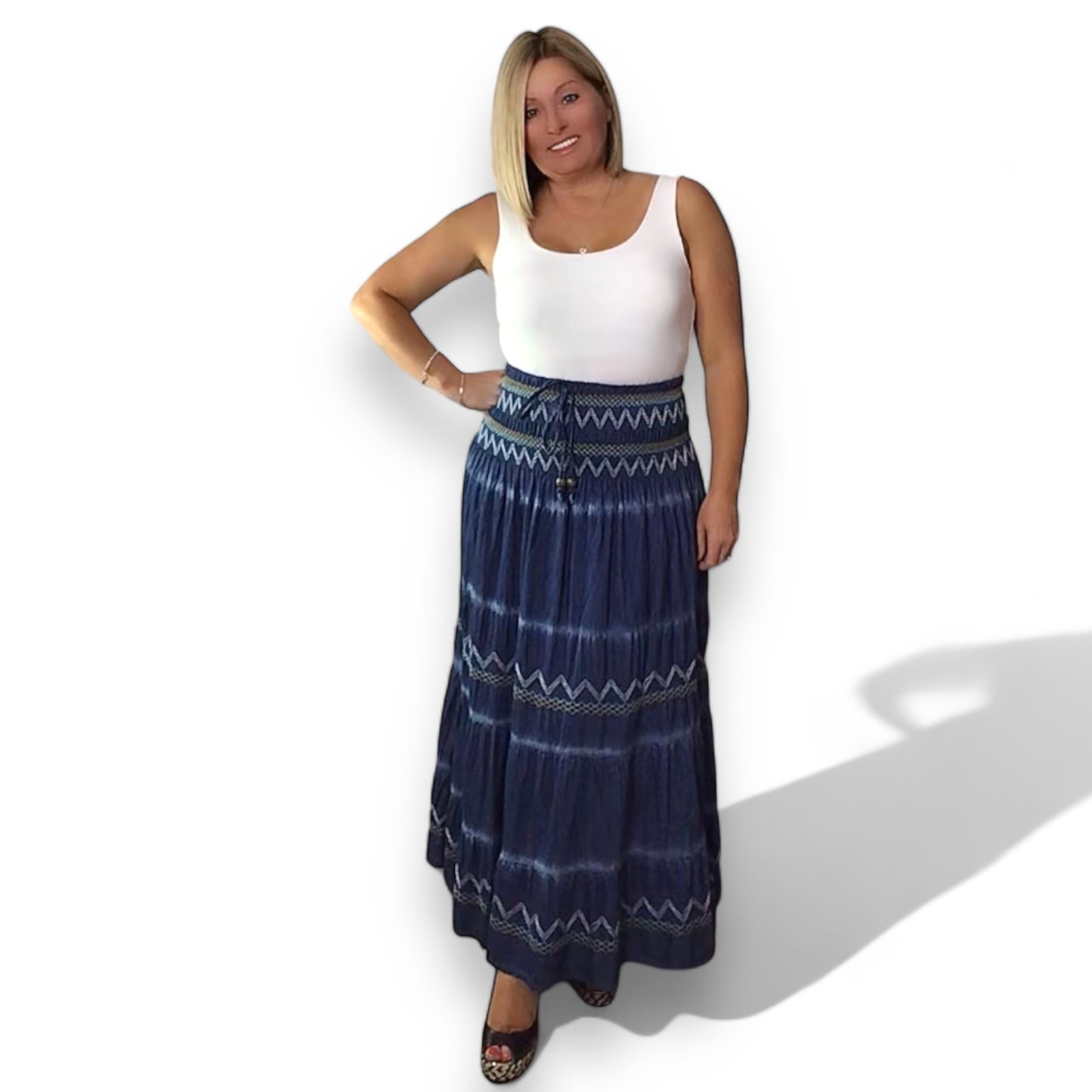 LAVITA. Boho Smocked Waist Denim Maxi Skirt/Dress.