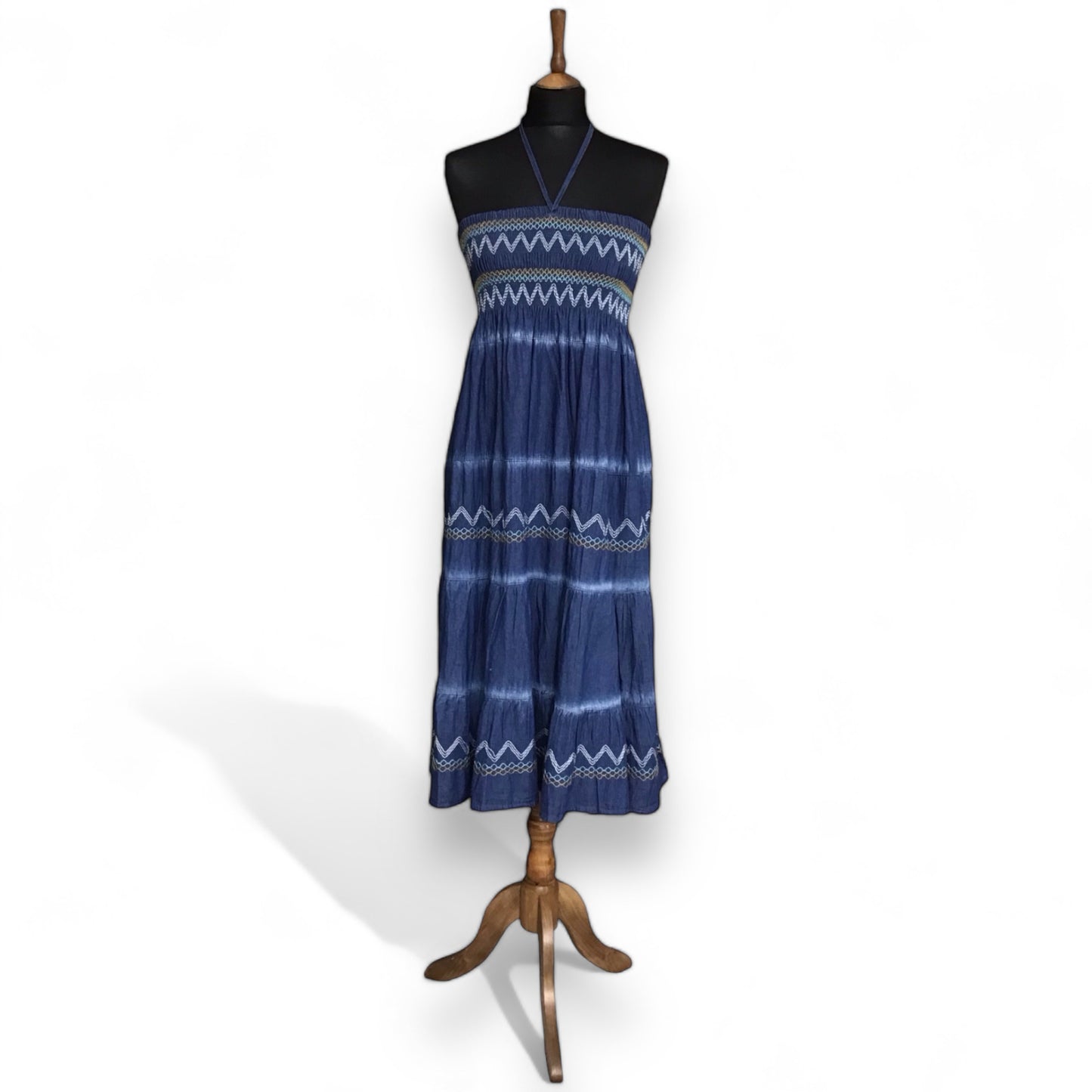 LAVITA. Boho Smocked Waist Denim Maxi Skirt/Dress.