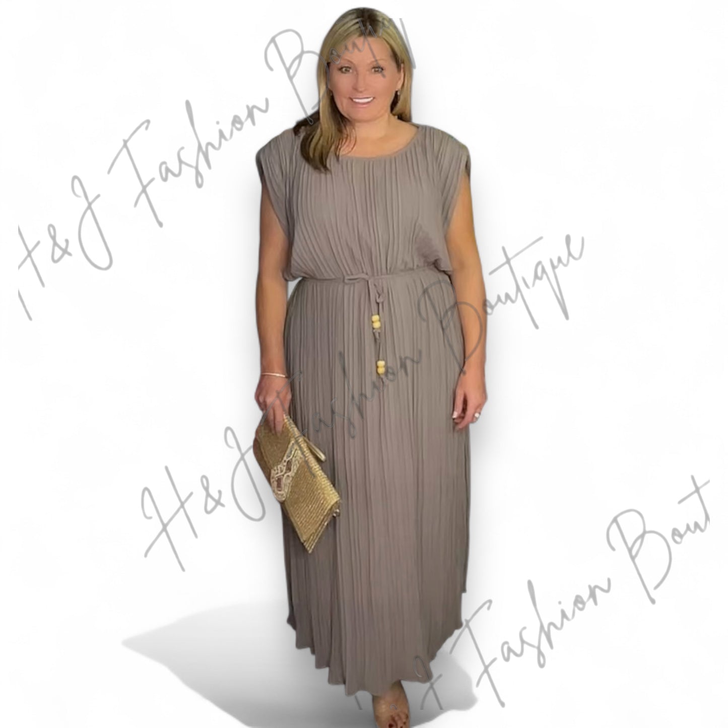 Sally. Pleated Midi Dress with Tie Belt