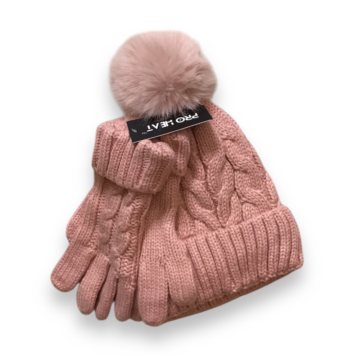 Maya. Cozy Plush Lined Cable Knit Pompom Hat & Matching Gloves.