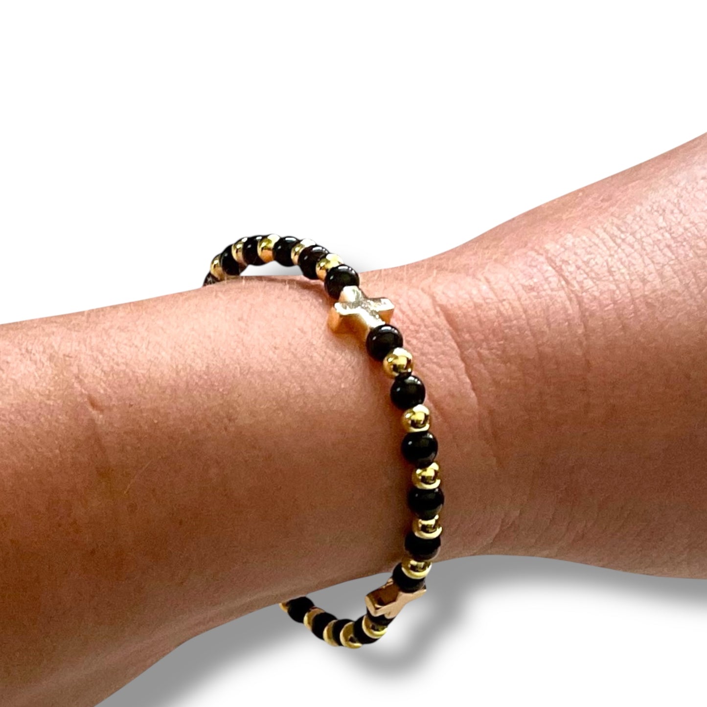 Beaded Stackable Bracelet. Black & 18k gold plated Cross