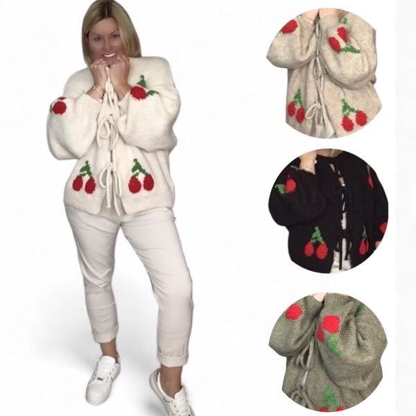 Sandy. Super Soft & Cozy Knitted Cardigan with Cherries to Front.