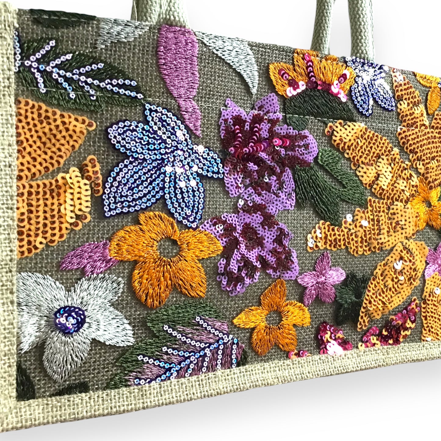 NAOMI. Stunning Lightweight Linen Handbag with sequin Floral Design