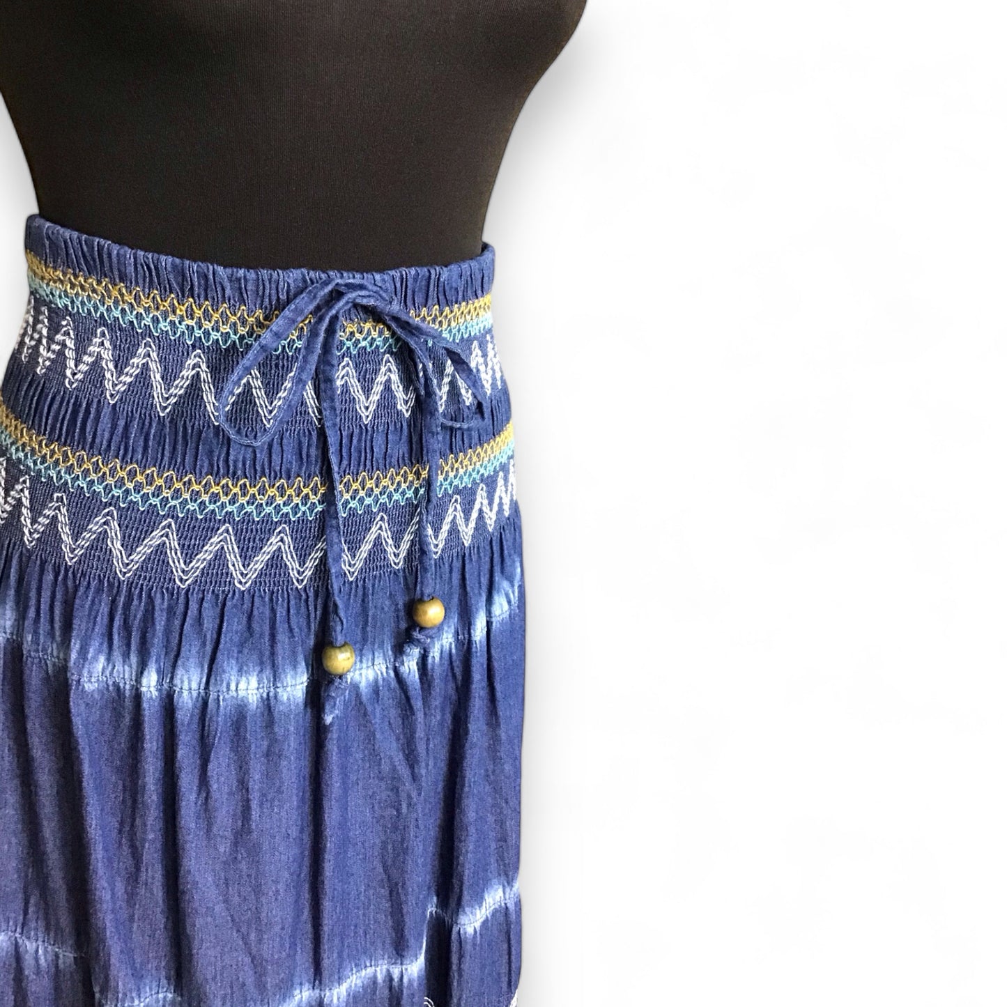 LAVITA. Boho Smocked Waist Denim Maxi Skirt/Dress.