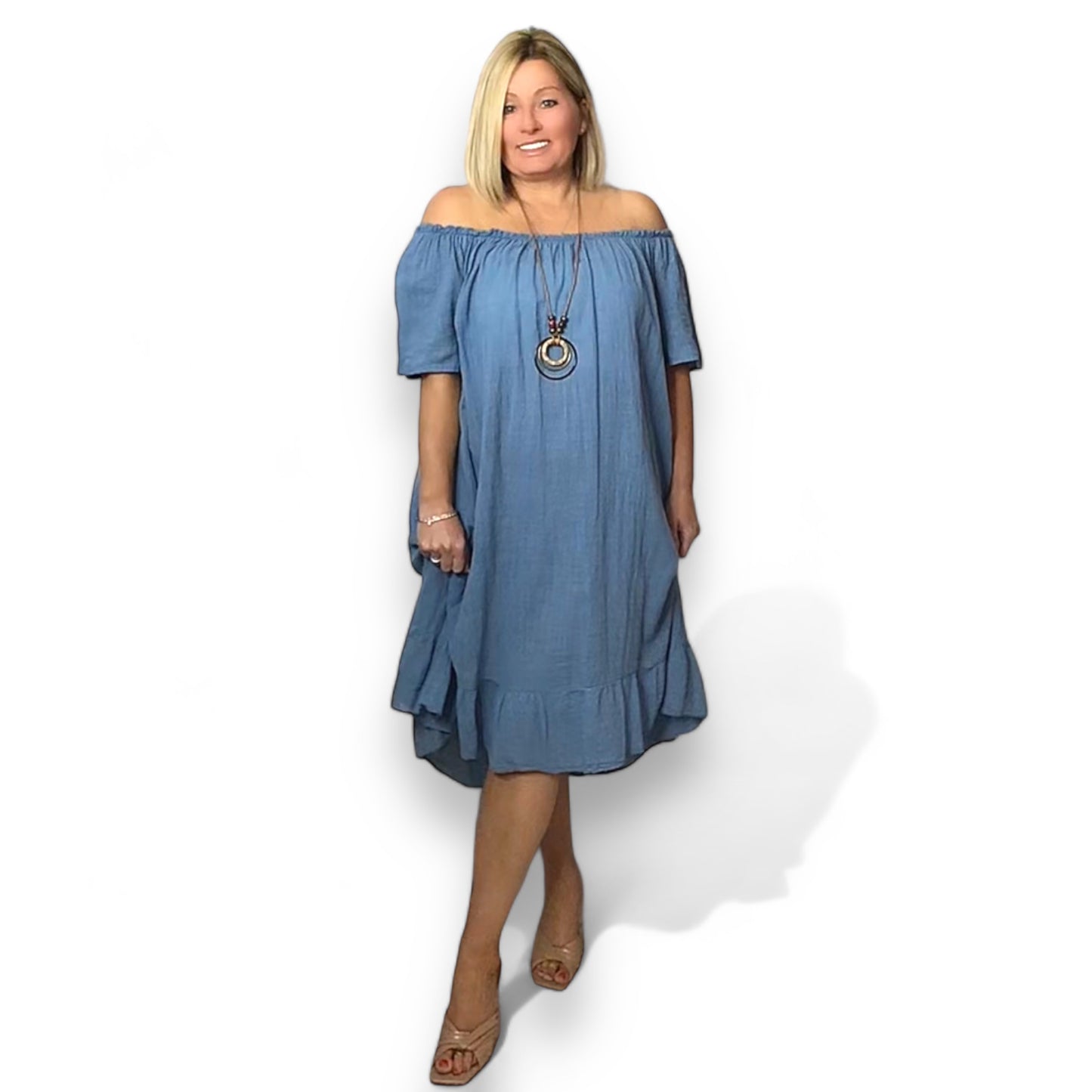 EMERSON. Linen Style on/off Shoulder Dress with Necklace