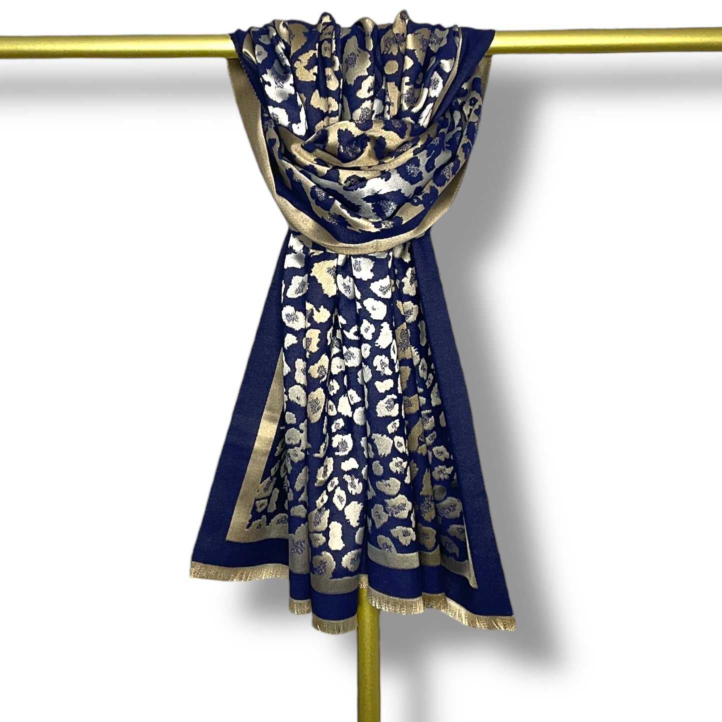 Kirsty Navy. Luxurious Gold Animal Print Scarf.
