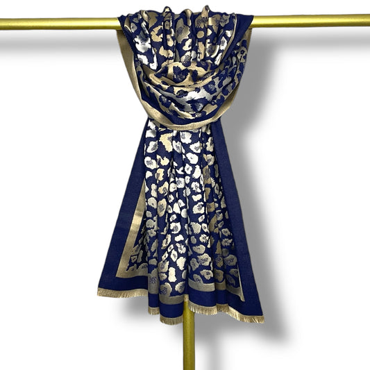 Kirsty Navy. Luxurious Gold Animal Print Scarf.