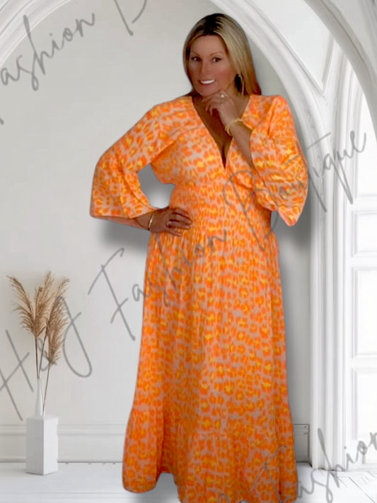 Beckie. Cheesecloth Animal Print Smocked MIDI Dress