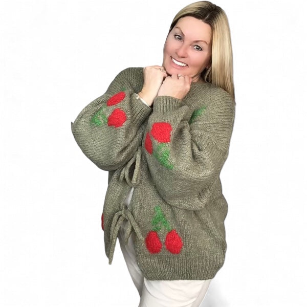 Sandy. Super Soft & Cozy Knitted Cardigan with Cherries to Front.