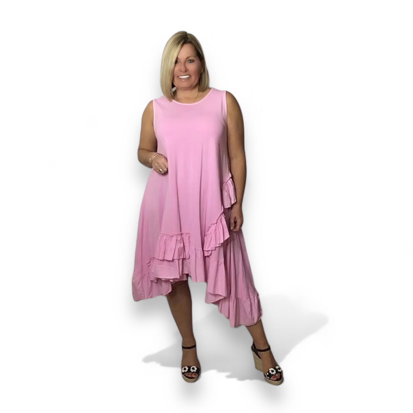 MAGGIE. Jersey ruffle trim dip hem dress.