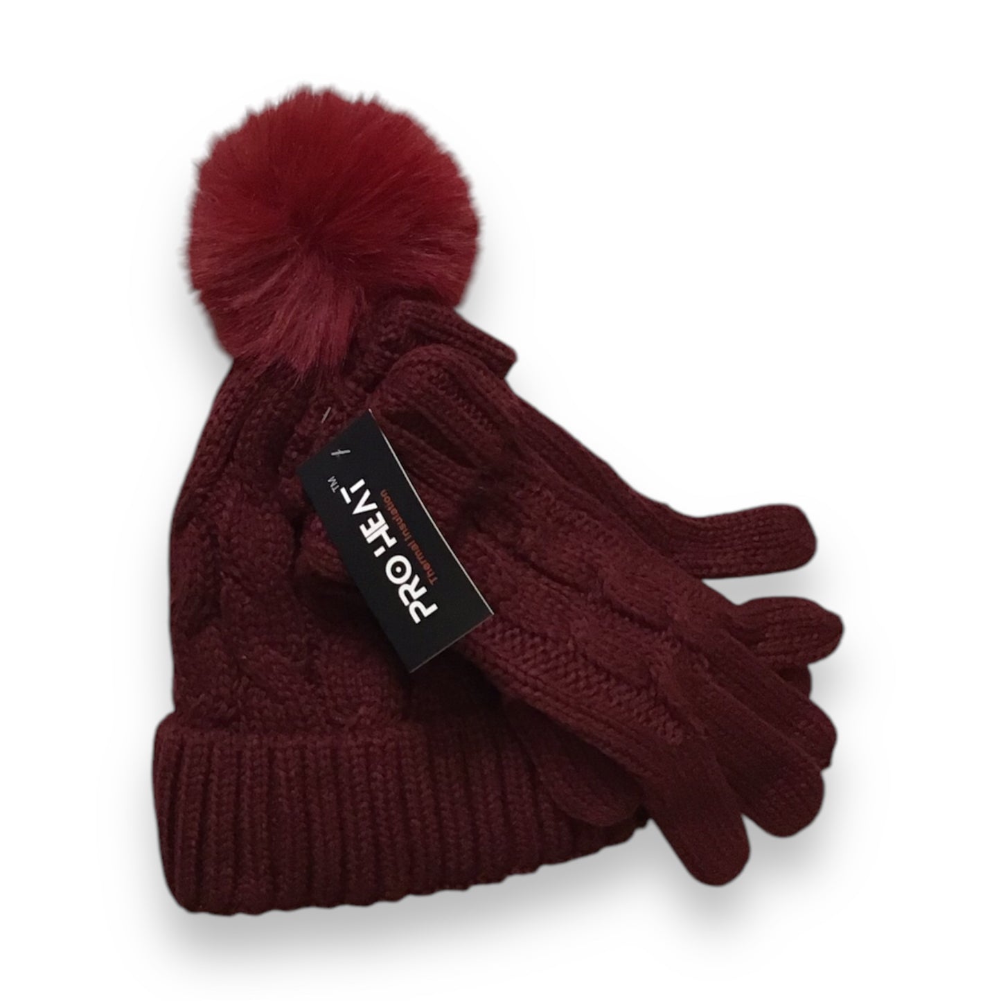 Maya. Cozy Plush Lined Cable Knit Pompom Hat & Matching Gloves.