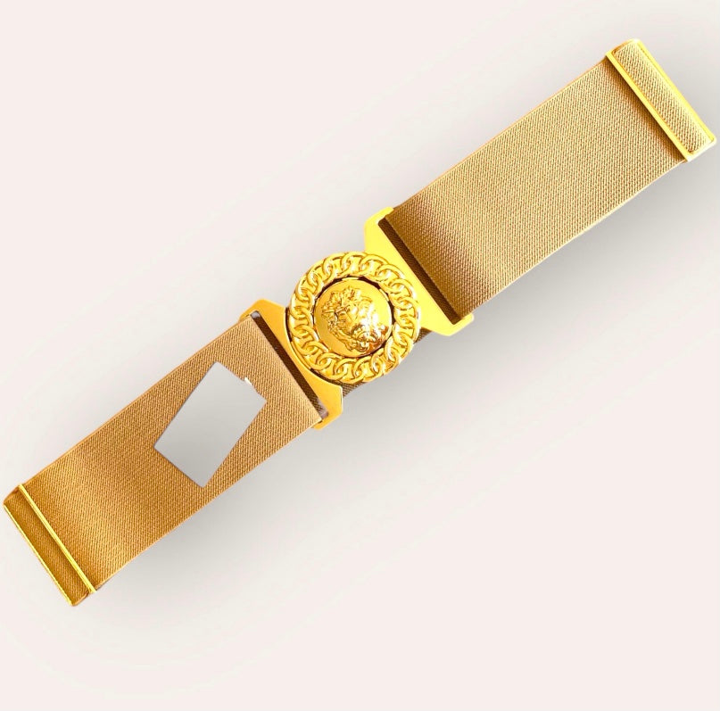 Phoenix. Lion Head Gold Buckle Elasticated Belt.