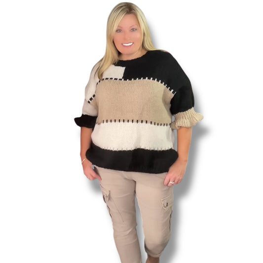 Patchwork Pattern Short Sleeve Knitted Sweater (Evelyn)