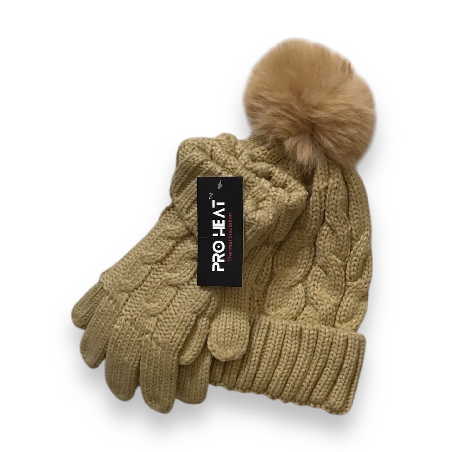 Maya. Cozy Plush Lined Cable Knit Pompom Hat & Matching Gloves.