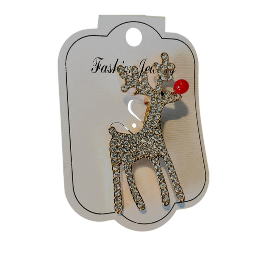 Red Nose Reindeer Rhinestone Brooch