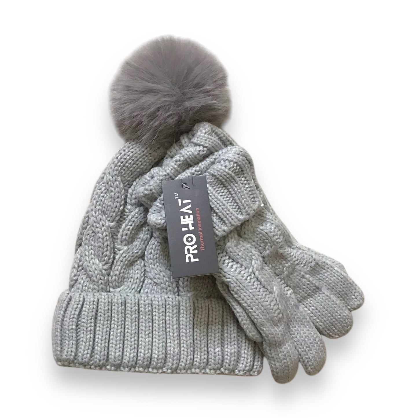 Maya. Cozy Plush Lined Cable Knit Pompom Hat & Matching Gloves.