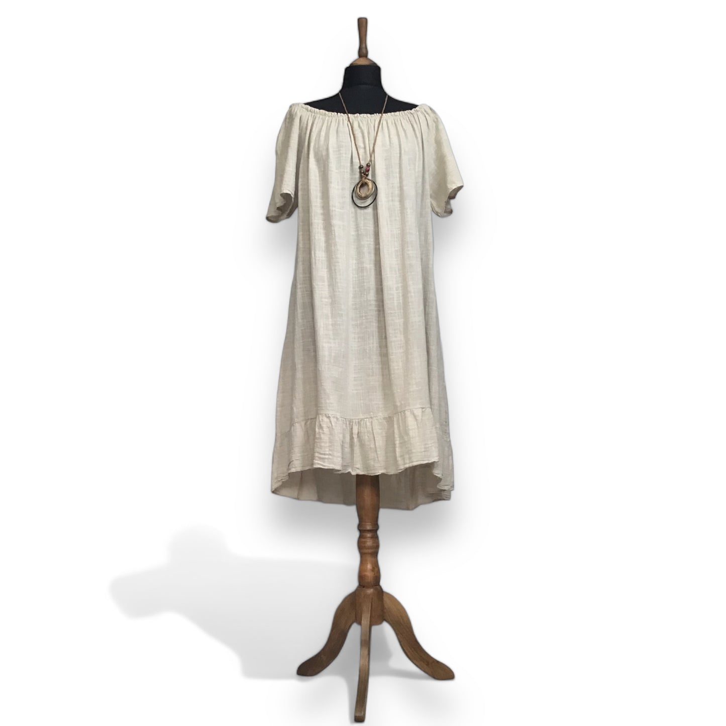 EMERSON. Linen Style on/off Shoulder Dress with Necklace