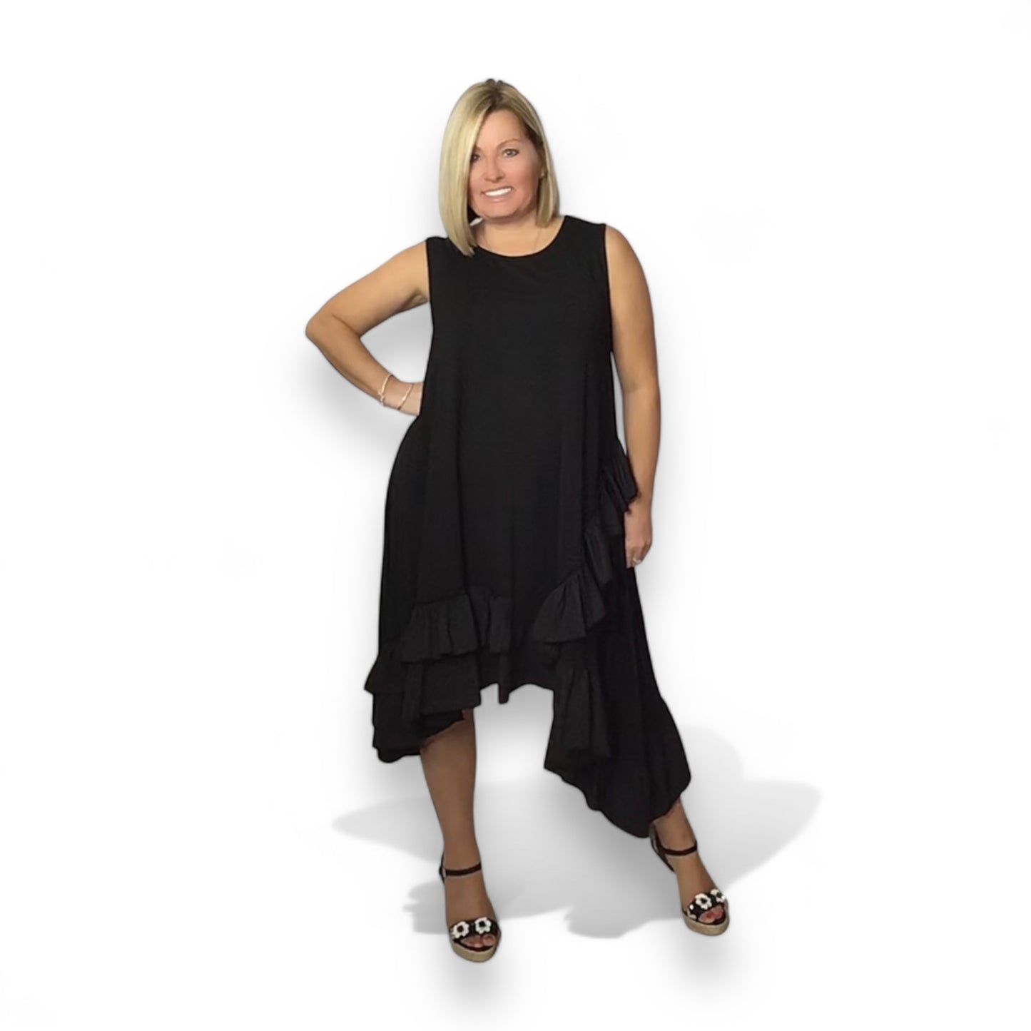 MAGGIE. Jersey ruffle trim dip hem dress.