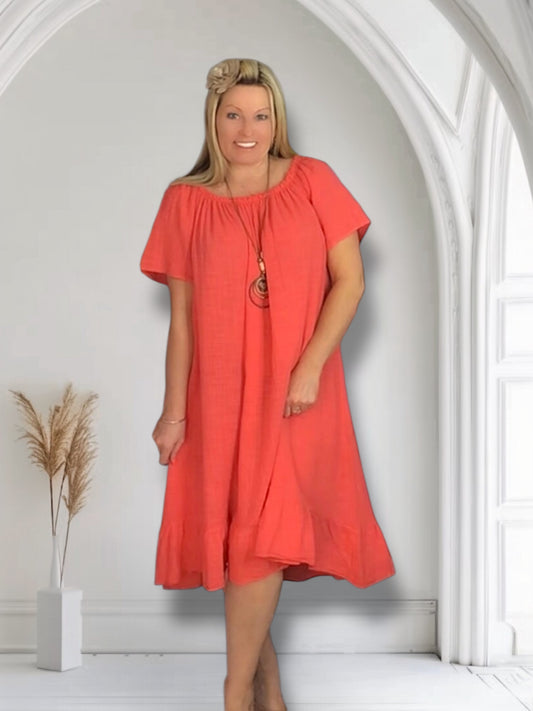 EMERSON. Linen Style on/off Shoulder Dress with Necklace