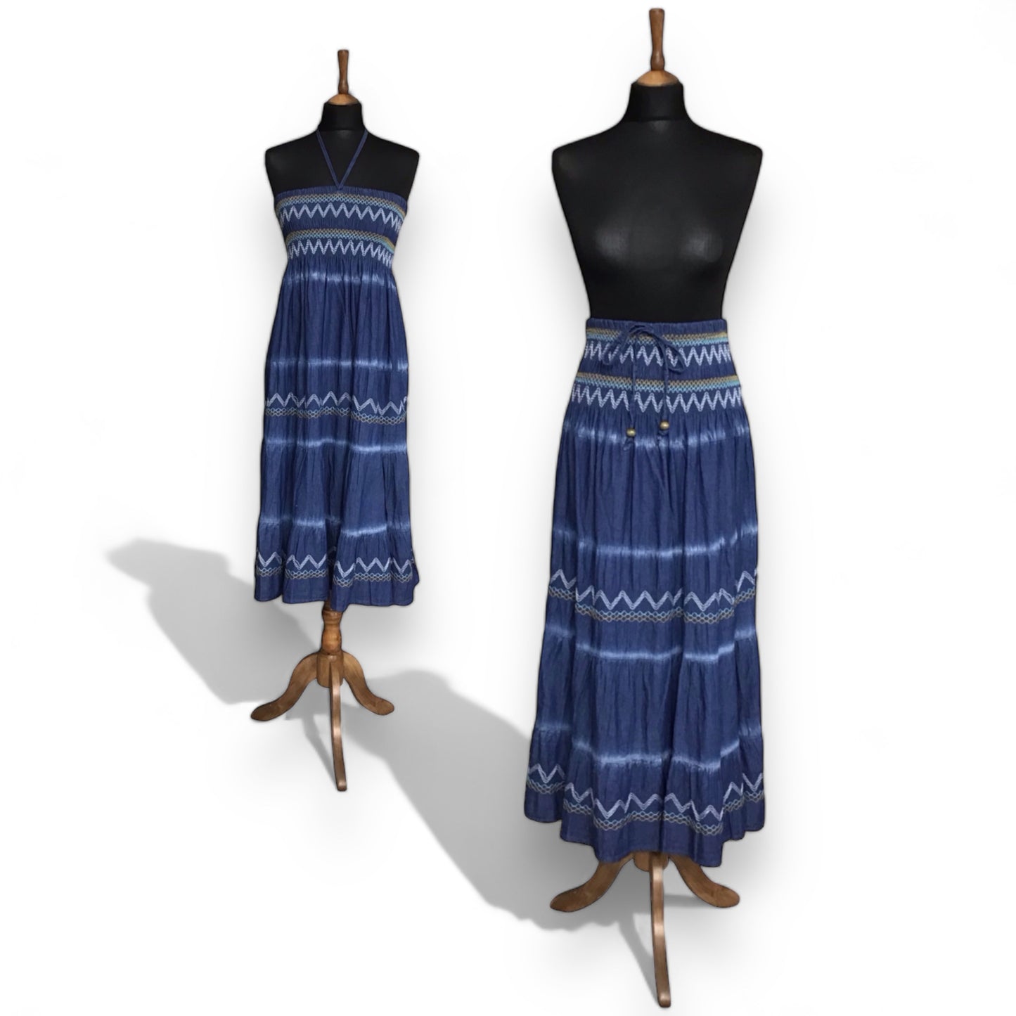 LAVITA. Boho Smocked Waist Denim Maxi Skirt/Dress.